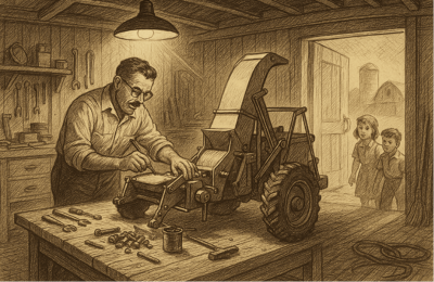Old time photo of man working on a machine