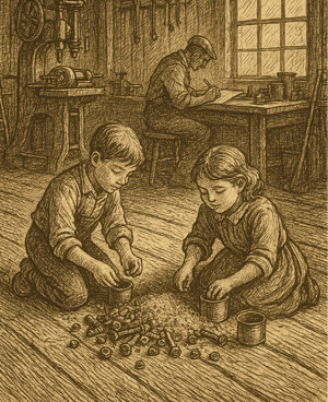 Old time illustration of children sorting hardware