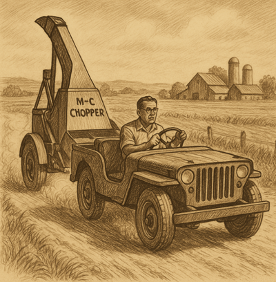 Old time illustration of a man driving a jeep with a piece of machinery attached