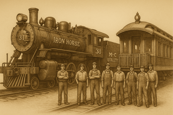 Old time illustration of workers standing by a train